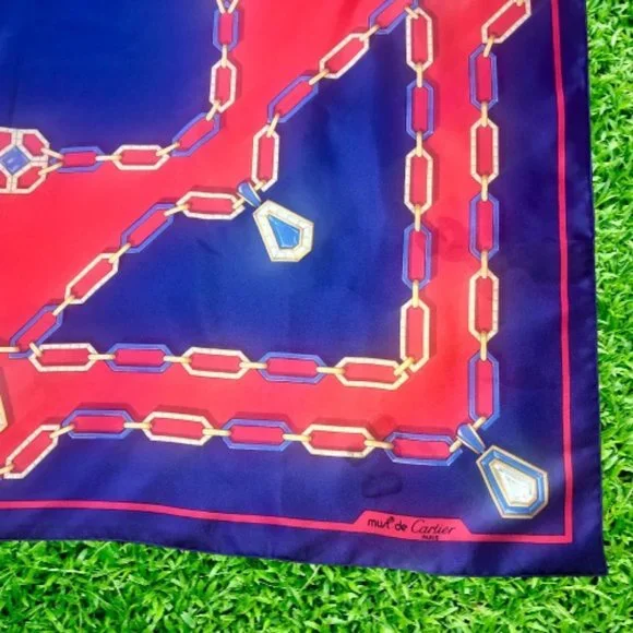 CARTIER Must de France Silk Scarf Vintage Navy Blue & Red Gold Chain Jewel Logo
